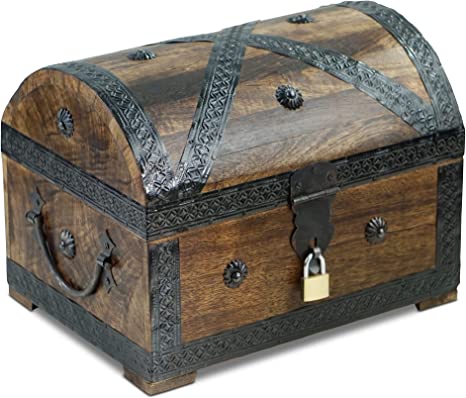 Brynnberg - Caja de Madera Cofre del Tesoro con candado Pirata de Estilo Vintage, Hecha a Mano, Diseño Retro 28x20x20cm