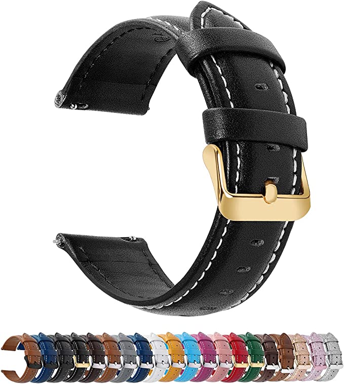 Fullmosa Axus Correa Piel para Correa Reloj,Correa/Banda/Pulsera/Strap 20mm  Para Samsung Galaxy Watch 5/4/3,Huawei GT2,Garmin Watch, Negro. hebilla dorada.