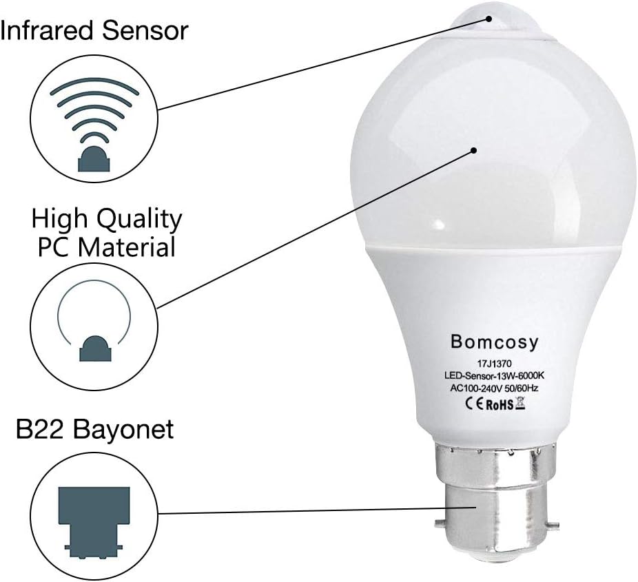 Bomcosy Bombilla LED B22 13W Sensor de Movimiento Blanco Frío 6000k PIR Equivalente a 100W Encendido/Apagado Automático para Pasillo Porche Garaje Sótano 2 Unidades
