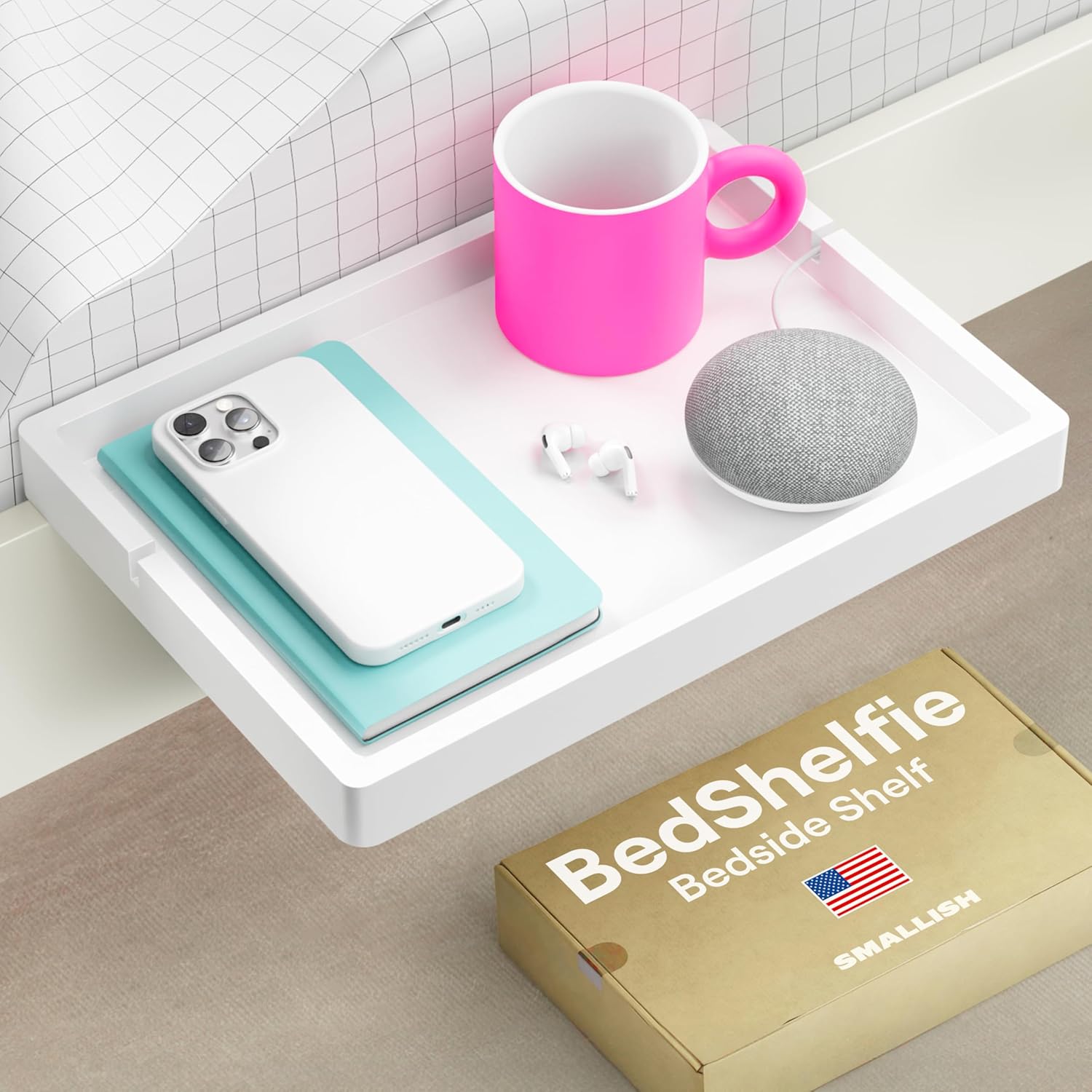 BedShelfie Mesita de noche para literas y camas con somier, estante para cama para habitaciones compartidas, bandeja flotante para cama, estante para colgar - Plus madera blanca
