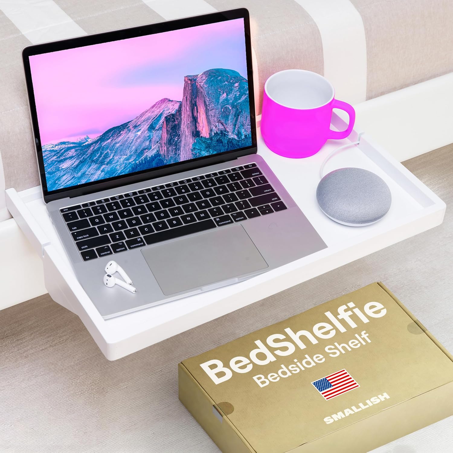BedShelfie Mesita de noche para literas y camas con somier, estante para cama para habitaciones compartidas, bandeja flotante para cama, estante para colgar - Plus madera blanca