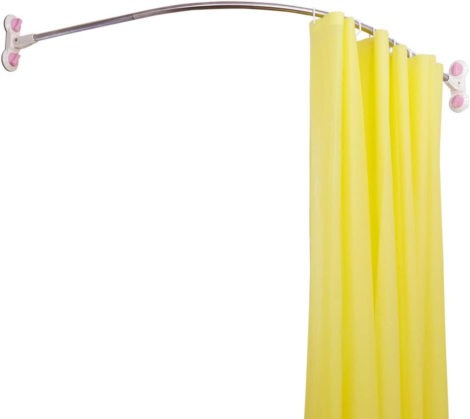 Barra de cortina de ducha curvada BAOYOUNI, material de acero inoxidable y ABS. Dimensiones: 95,5 x 95,5 cm. Instalación fácil mediante ventosas o perforación. Resistencia superior al agua y carga de hasta 10 kg. ideal para uso comercial y residencial.