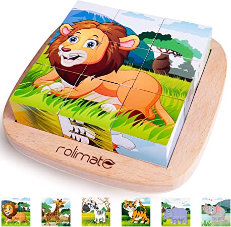 Rolimate Juguetes Rompecabezas de Cubos de Madera, Bloques de Rompecabezas de Animales Juguete Educativo Montessori, Regalos de Cumpleaños de Navidad para Bebés Niños de 2 3 4 + Años (león-1)