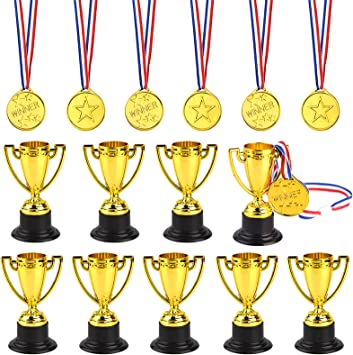 FEPITO 30 Piezas de trofeos de medallas Set 10 Piezas de Trofeo de plástico de Oro y 20 Piezas de medallas ganadoras para Kid Party Sports Awards
