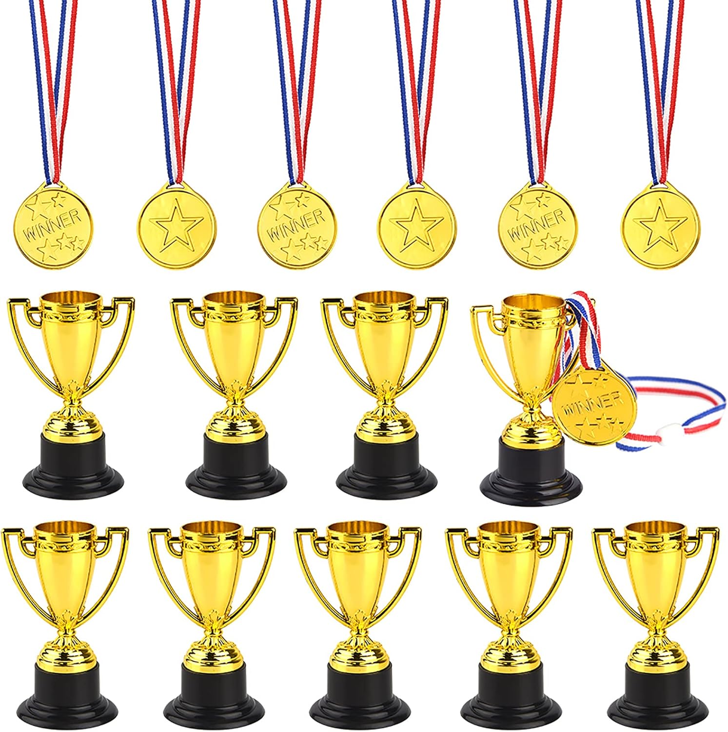 FEPITO 30 Piezas de trofeos de medallas Set 10 Piezas de Trofeo de plástico de Oro y 20 Piezas de medallas ganadoras para Kid Party Sports Awards
