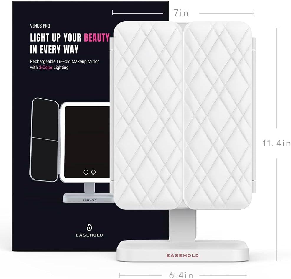 EASEHOLD Espejo Maquillaje con Luz, Triple Espejo Ajustable con Aumentos 10x, 5X, 2X, 1x, 38 LED 180º con Mostrador, Regalos Originales para Mujer, Carga con USB o Batería (Blanco)