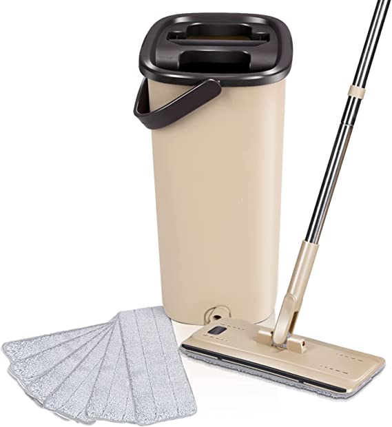 Masthome Juego de Trapeador y cubo de Drenaje, Mopa Plana Microfibra ,Cubo de Doble Compartimento , Trapeador de piso con 6 Almohadillas de Microfibra, para Todo Tipo de Suelos