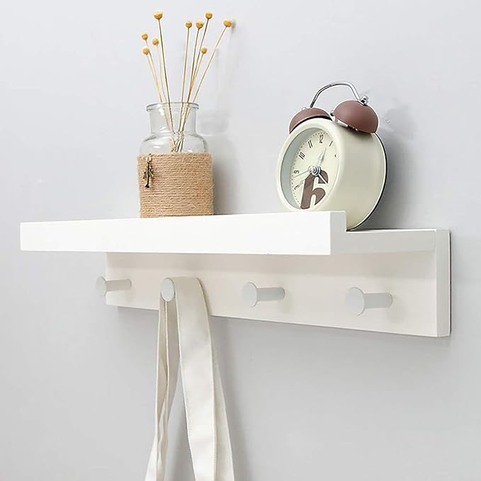 Perchero de pared de bambú con ganchos. Estante superior flotante para almacenamiento de objetos. Para pasillo, baño, sala de estar o dormitorio
color blanco, 48,5 x 12 x 8 cm