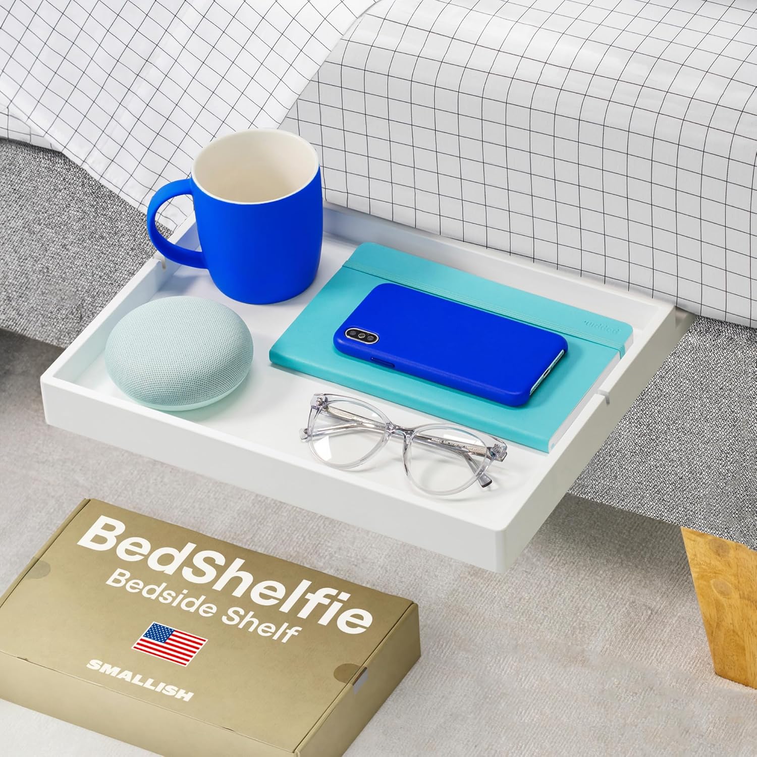 BedShelfie Nachttischregal fr Etagenbett und oberes Etagenbett, Essentials fr Studentenwohnheimzimmer, Hochbett-Nachttisch-Organizer zum Anklipsen, Nachttisch-Tablett – weiße Holzrutsche