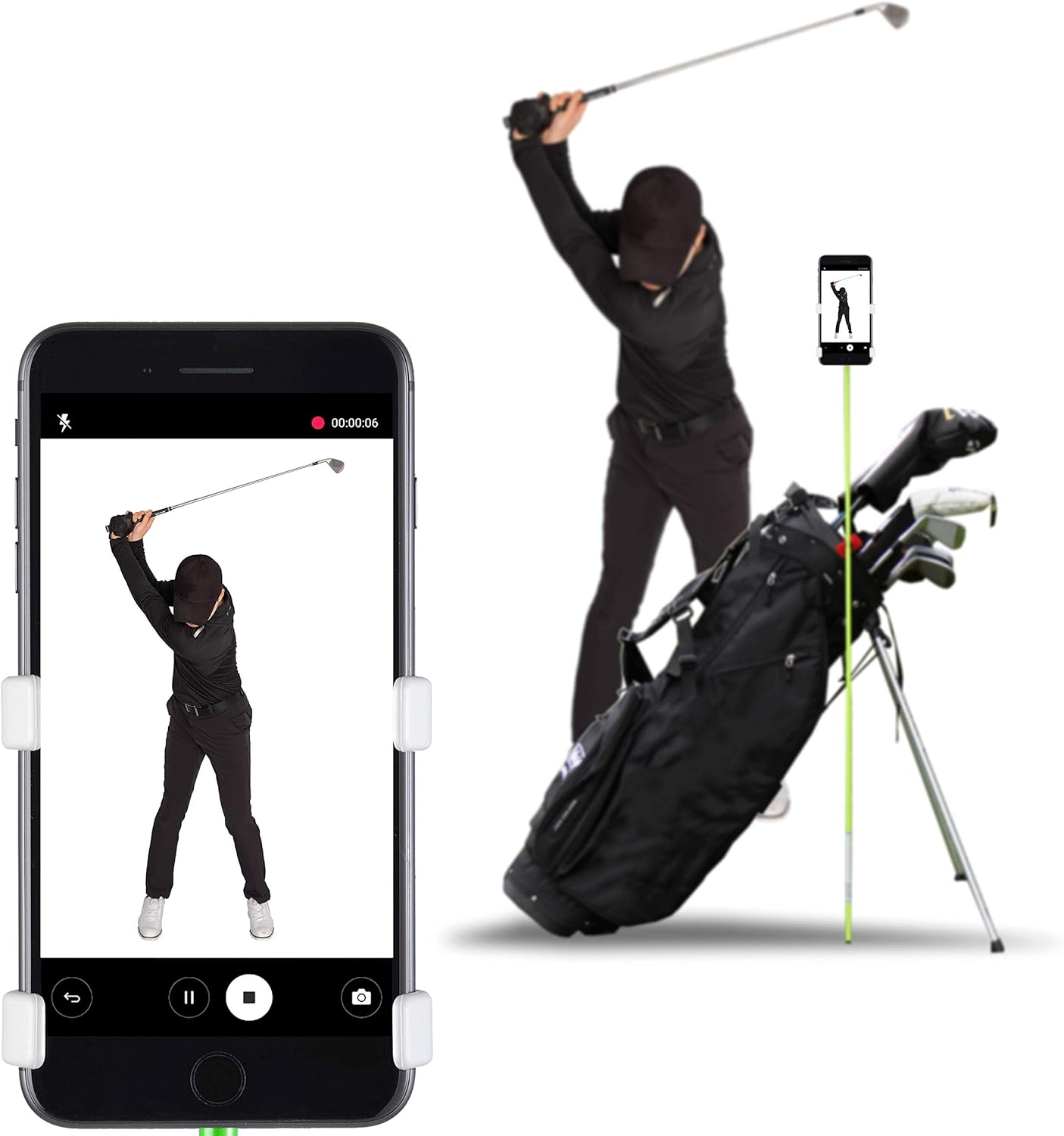 Selfiegolf Record Golf Swing, Titular de clip de teléfonos celulares y ayuda de entrenamiento, accesorios de golf, ganador del mejor producto de PGA, funciona con cada teléfono inteligente, configuración rápida