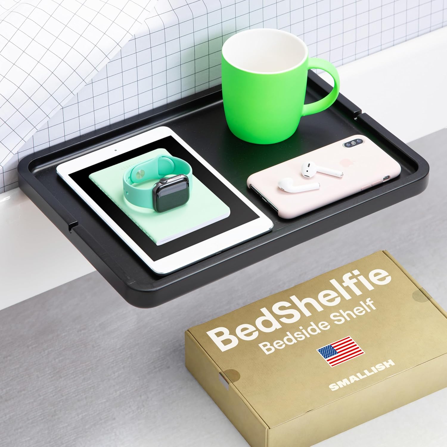 BedShelfie Nachttisch fr Etagenbett und Boxspringbett, Bettablage fr WG-Zimmer, Betttablett schwebend, Bettablage zum Einhängen – Slide Holz schwarz