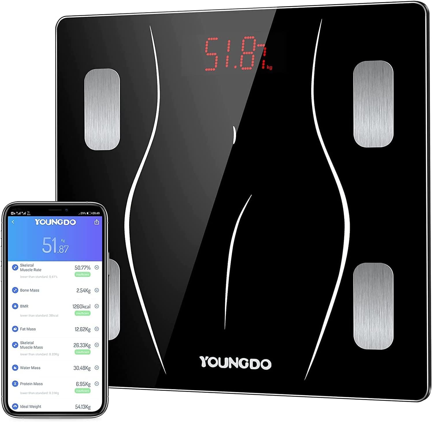 YOUNGDO Báscula Grasa Corporal Digital Inteligente BMI Bluetooth de Alta Precisión, 23 Funciones, Monitor de Composición de Peso Corporal, Precisión 0.1 kg