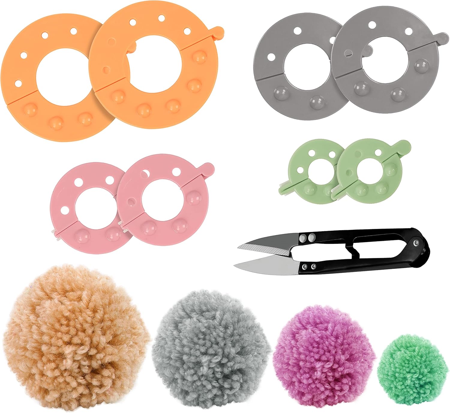 Curtzy Maquina de Hacer Pompones de Plástico (Pack de 4) con Cortahílos Maquina Hacer Pompones 4 Tamaños (3,5/5,5/7 y 9) Pompones Reutilizable - Bolas de Lana