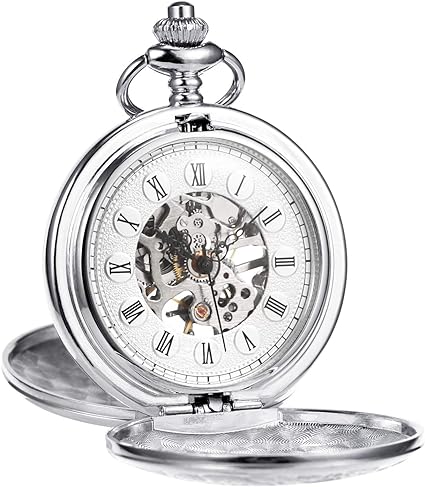 Reloj de bolsillo unisex Treeweto con cadena, analógico, bisagra doble, números romanos, dorado/plateado