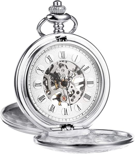 Reloj de bolsillo unisex Treeweto con cadena, analógico, bisagra doble, números romanos, dorado/plateado
