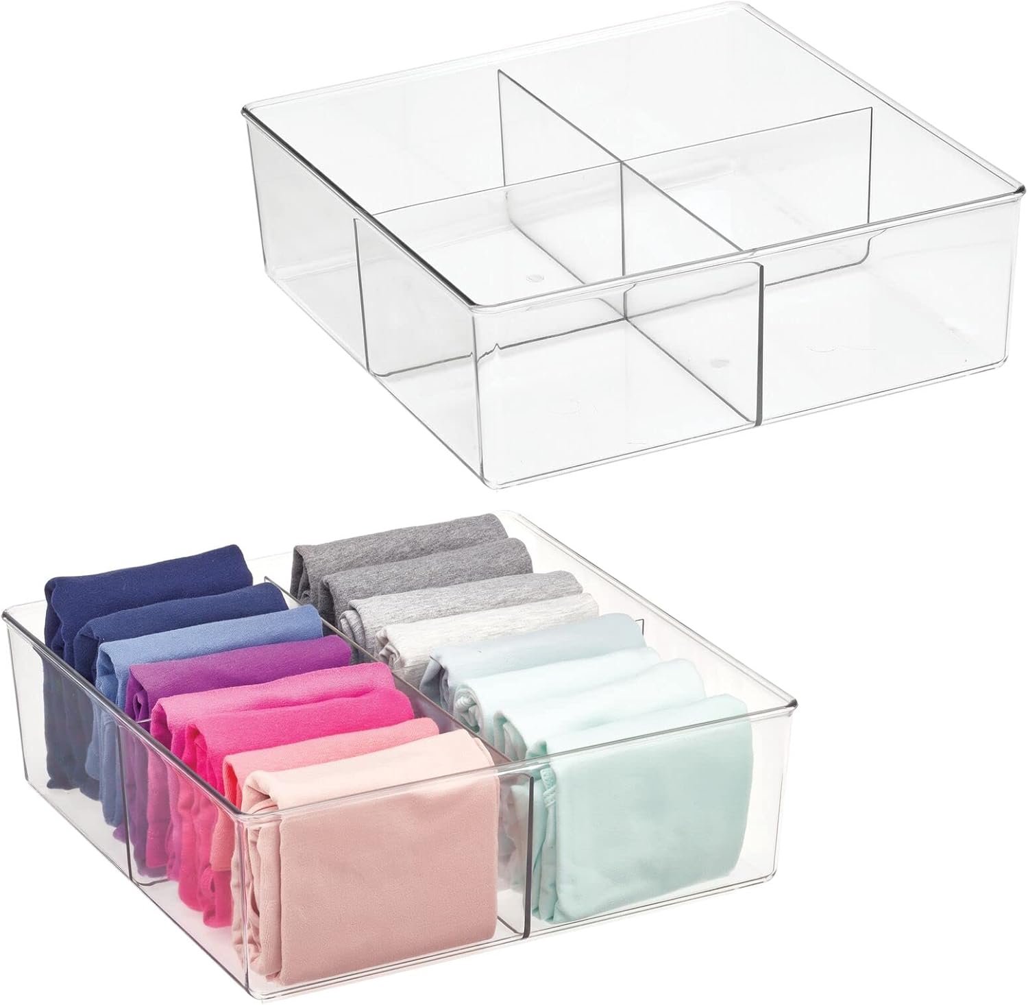 mDesign Juego de 2 cajas organizadoras con 4 compartimentos – Práctico organizador de plástico sin BPA para los armarios del dormitorio – Fantástica caja para ropa y accesorios – transparente