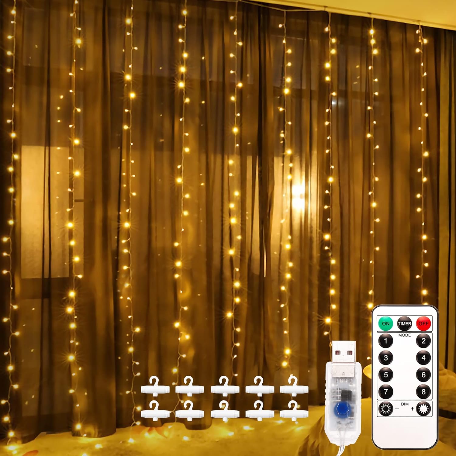 Luces de Cadena de Cortina USB, 3m*3m 300 LED 8 Modos de Luz con Control Remoto, Impermeable, Cadena de Luces Decoración de Casa, Fiestas, Bodas, Jardin, Arbol de Navidad, etc(Blanca Cálida)