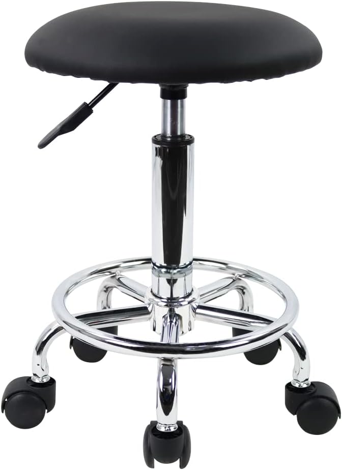 KKTONER Taburete con ruedas, taburete de oficina, taburete de trabajo de piel sintética, giratorio, regulable en altura, negro