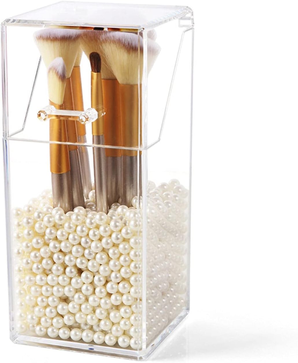 Organizador de cosméticos Almacenamiento de brochas con tapa Organizador de maquillaje transparente para guardar maquillaje para brochas de maquillaje con cuentas blancas gratis (9 x 9 x 21 cm), B097ZMP25T