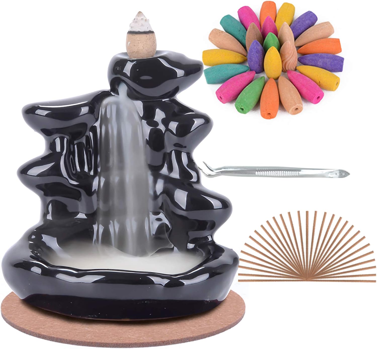 SPACEKEEPER Quemador de Incienso de Cascada Hecho a Mano con reflujo de cerámica, Adorno de aromaterapia, decoración del hogar con 120 Conos de Incienso de reflujo + 30 Varillas de Incienso