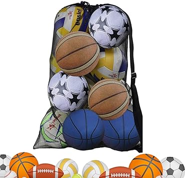 DECARETA - Bolsa de malla para pelotas de fútbol, color negro, resistente con correa y cierre de cordón, bolsa de almacenamiento con capacidad para 15 de fútbol, voleibol, rugby y baloncesto
