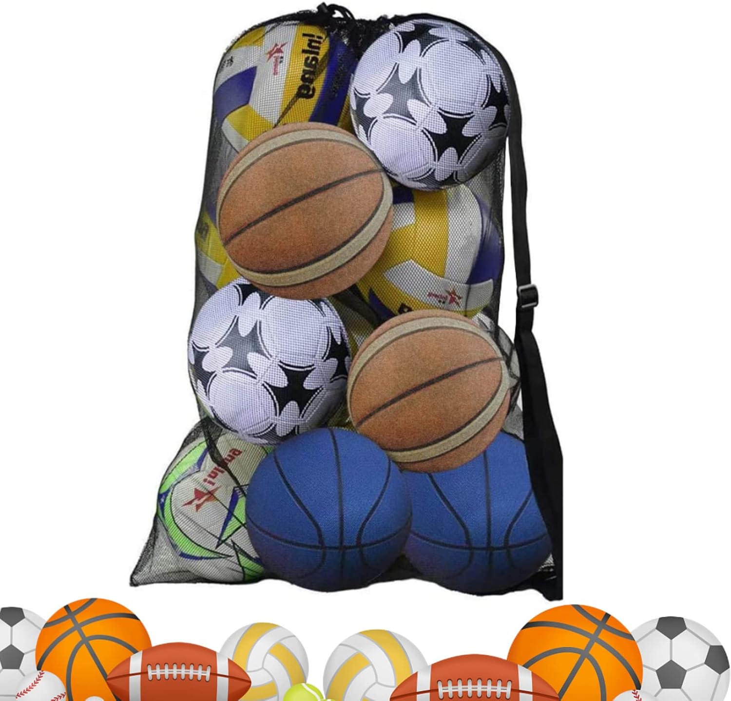 DECARETA - Bolsa de malla para pelotas de fútbol, color negro, resistente con correa y cierre de cordón, bolsa de almacenamiento con capacidad para 15 de fútbol, voleibol, rugby y baloncesto
