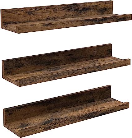 VASAGLE Juego de 3 Estantes Murales, Estanterías de Pared de Madera para Marcos de Fotos y Libros, Montaje Sencillo, Estilo Moderno, para Baño, Cocina y Sala de Estar, Marrón Rústico LWS037X01