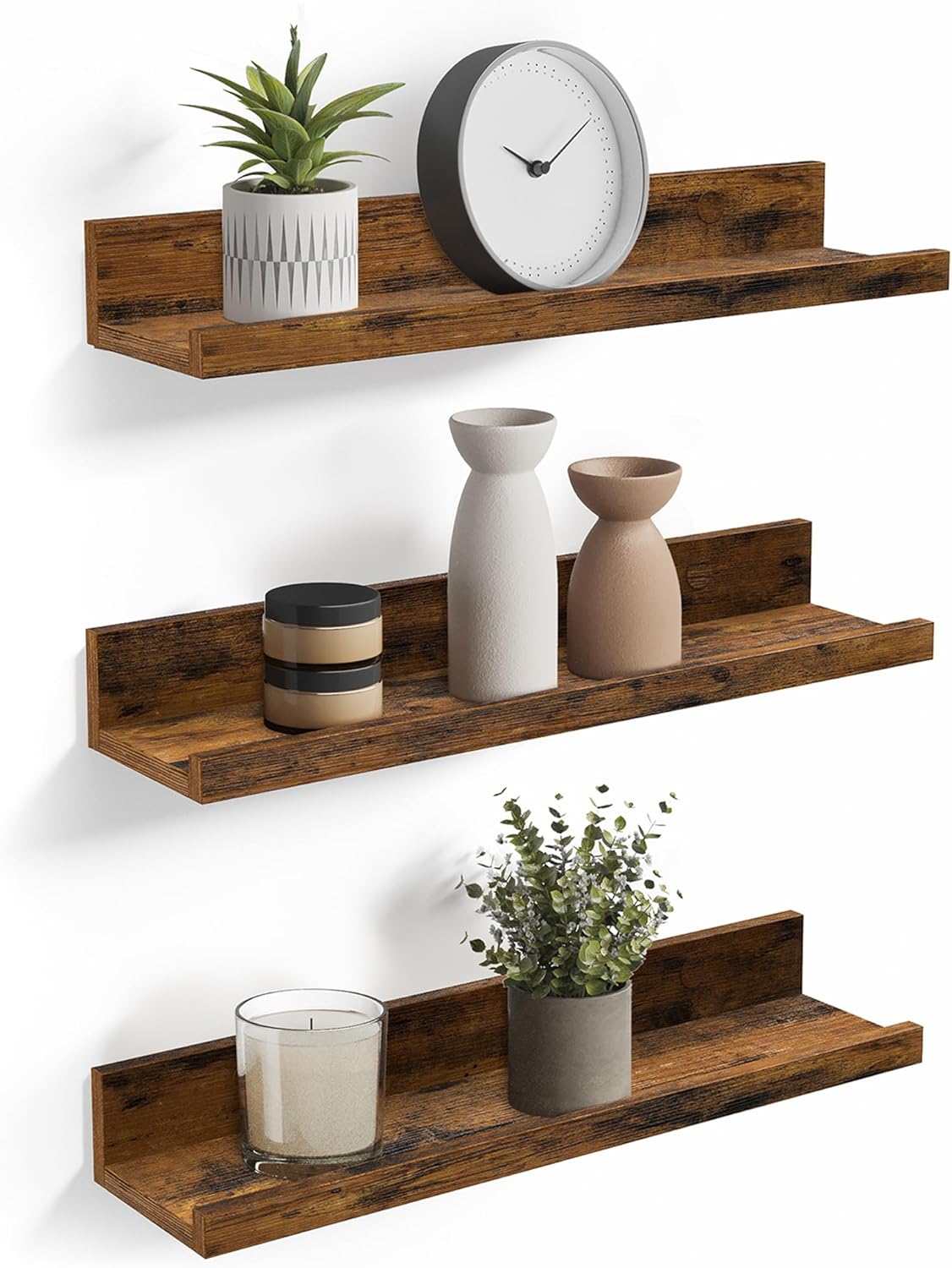 VASAGLE Juego de 3 Estantes Murales, Estanterías de Pared de Madera para Marcos de Fotos y Libros, Montaje Sencillo, Estilo Moderno, para Baño, Cocina y Sala de Estar, Marrón Rústico LWS037X01