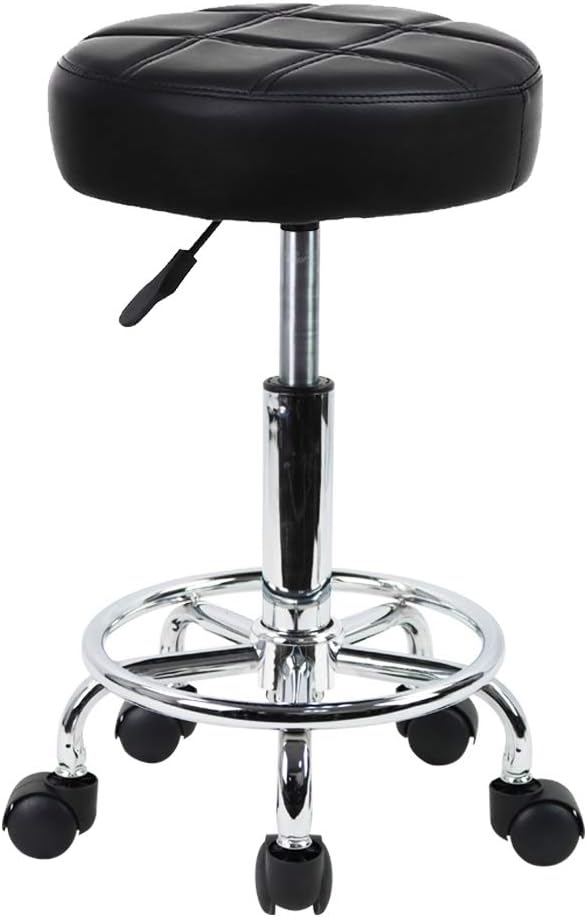KKTONER Taburete Redondo con Ruedas para el hogar peluquería Silla de Trabajo tapizada con Ruedas con cojín de Cuero Taburete pequeño de Oficina