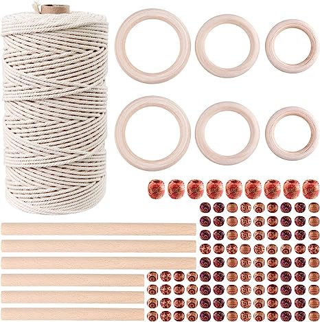 TUPARKA 123 Pcs Macrame Cuerda Cuerda Set 109 Yadrsx3mm Natural Macrame con 110 piezas Bolas de madera 6pcs anillo de madera y 6pcs palillo de madera para manualidades, bricolaje Plant Perchas