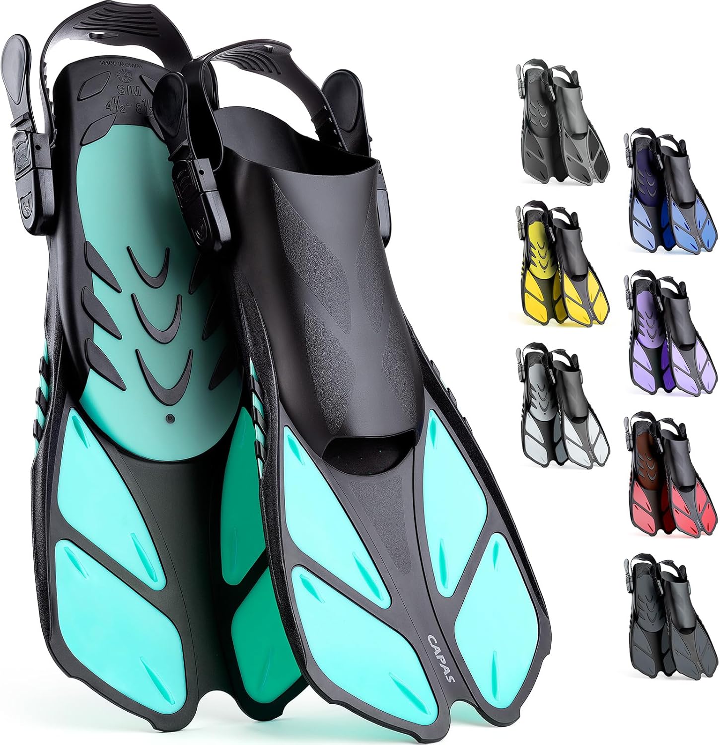 CAPAS Aletas de Snorkel, Aletas de Natación Tamaño de Viaje Corto Ajustable para Snorkel Buceo Adulto Hombres Mujeres Niños Abierto Talón Natación Aletas. Talla ML-XL 42-47