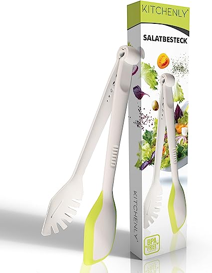 KITCHENLY® Cubiertos para ensalada con función 3 en 1 – Innovador utensilio de cocina, cubiertos para servir para ensalada, pasta y especias, tenedor para servir y cuchara con anillo de silicona, 100% libre de BPA, apto para lavavajillas