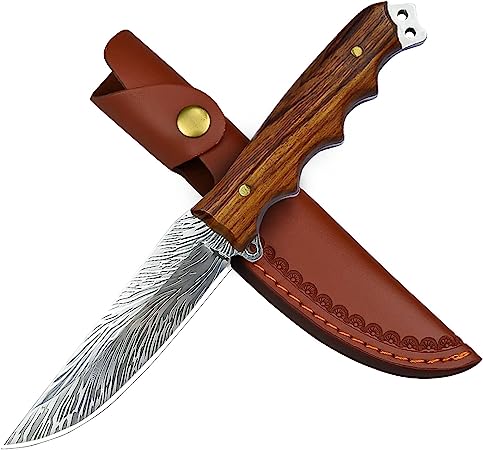 AUBEY Cuchillo de caza para exterior, de supervivencia, con funda de piel, hoja de acero D2, extra afilada, cuchillo de supervivencia con mango de madera