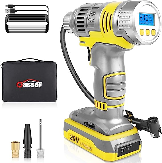 Oasser Compresor Aire Coche Portátil Inflador Neumático 20V, Bomba Eléctrico sin Cable con Batería Li-ion, Medidor de Presión Digital LCD Luz LED Cable USB para Neumático de Coche y Otros Inflables