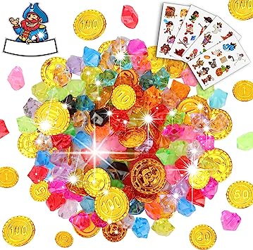 Sinwind Juego de 154 piezas de piedras preciosas de búsqueda del tesoro pirata para cumpleaños infantiles, diseño de piratas
