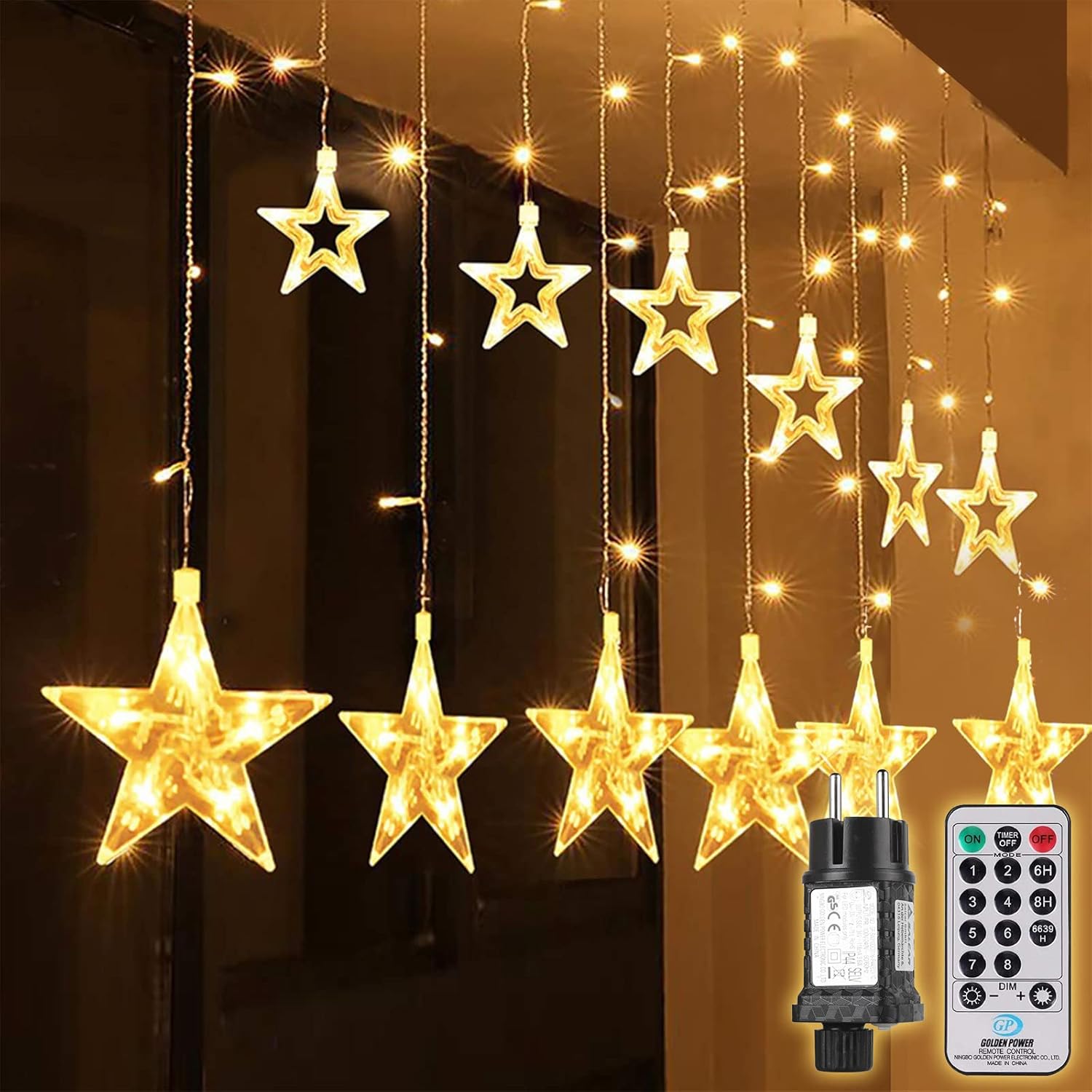 Guirnaldas Luminosas Estrellas Luces, 108 Leds Telones de Hogar, Led Cortina Cadena Luces Con Control Remoto Para El Balcón, Ventana, Pared, Escaparate, Boda, Fiesta, Blanco Cálido color Estrellas 108 [Clase de eficiencia energética G].B07ZKH4P4M