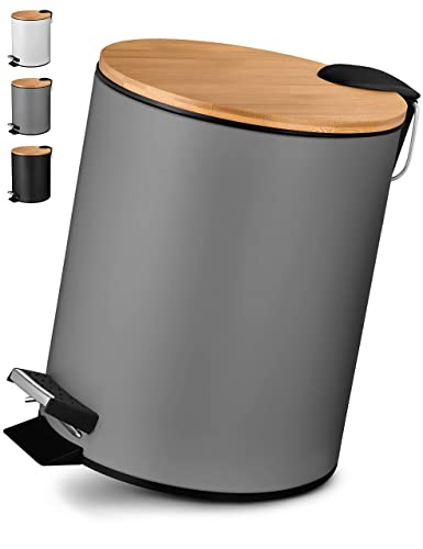 VMbathrooms Papelera baño de 5L en Noble diseño Gris | Cubo de baño con Cierre Suave | Elegante Cubo para el baño con contenedor Interior y Tapa de Madera de bambú | +E-Book Gratis