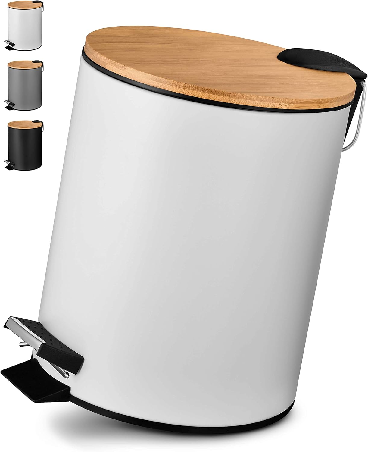 VMbathrooms Papelera baño de 5L en noble diseño blanco | Cubo de baño con cierre suave | Elegante cubo para el baño con contenedor interior y tapa de madera de bambú | + E-Book Gratis