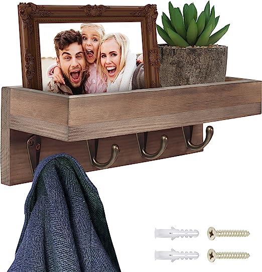 BELLE VOUS Estantes de Madera para Pared con 4 Ganchos – 25,5 cm de Largo – Repisa Recibidor Colgador Llaves, Abrigos, Sombreros – Estanteria Habitacion, Cocina, Baño, Pasillo – Repisa Flotante
