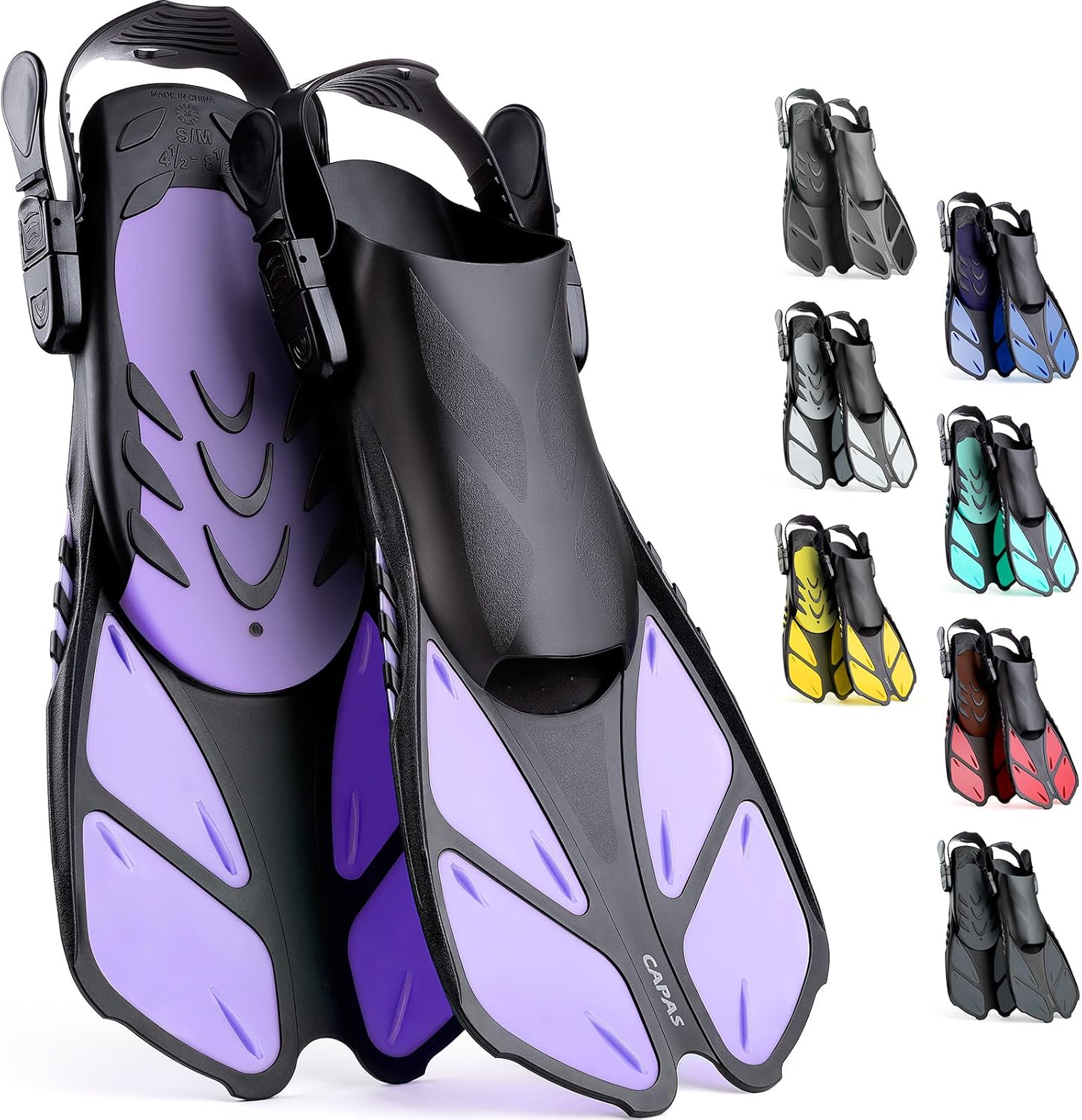 CAPAS Aletas de Snorkel, Aletas de Natación Tamaño de Viaje Corto Ajustable para Snorkel Buceo Adulto Hombres Mujeres Niños Abierto Talón Natación Aletas, talla S-M 