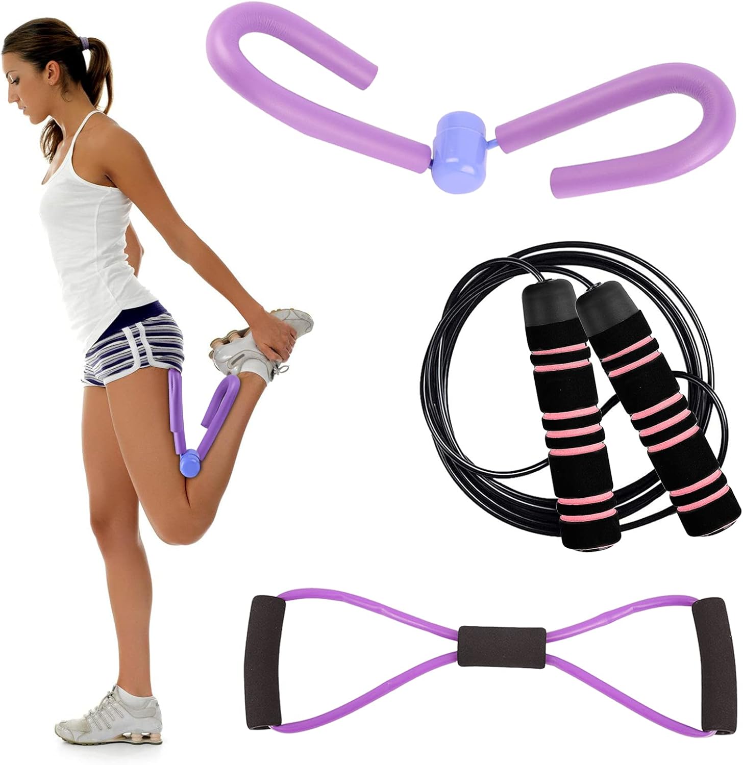 Herefun Ejercitador de Muslos, Entrenador de Muslos Multifuncional para Brazos/Hombro/Muslo/Adelgaza, 5pcs Cintas Elasticas Fitness, Cuerda Saltar Comba, Equipo de Gimnasio en casa