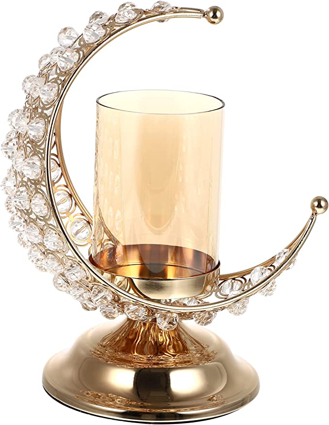 PRETYZOOM Portavelas dorado Ramadan, diseño de luna, cristal, portavelas árabe, metal, para Eid Mubarak, adornos, musulmanes, decoración del salón, mesa o decoración musulmana