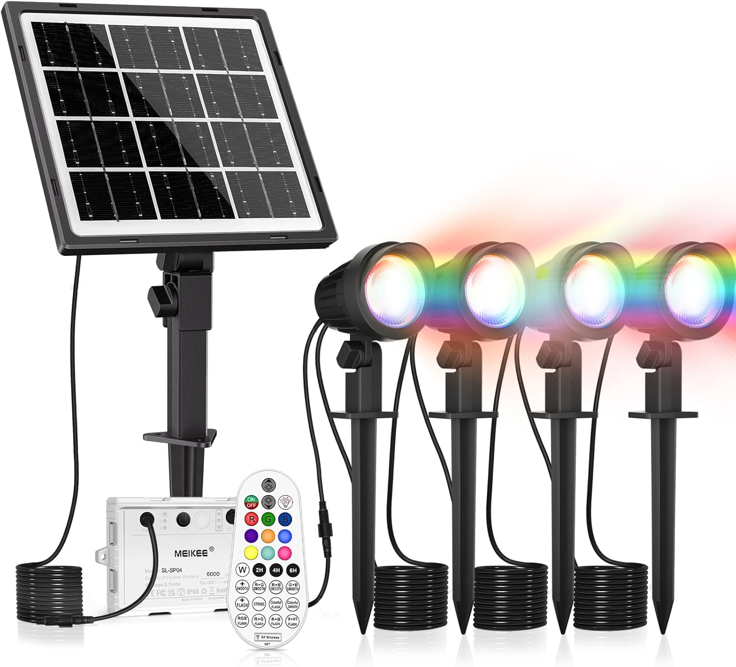 Meikee Lámpara solar para jardín Foco solar para jardín IP66 Lámpara solar LED resistente al agua Luz solar para exteriores 4 piezas con estaca Luz de camino para árboles, arbustos, camino de jardín, césped, patio, 6000 K, blanco frío [Clase de eficiencia energética F]