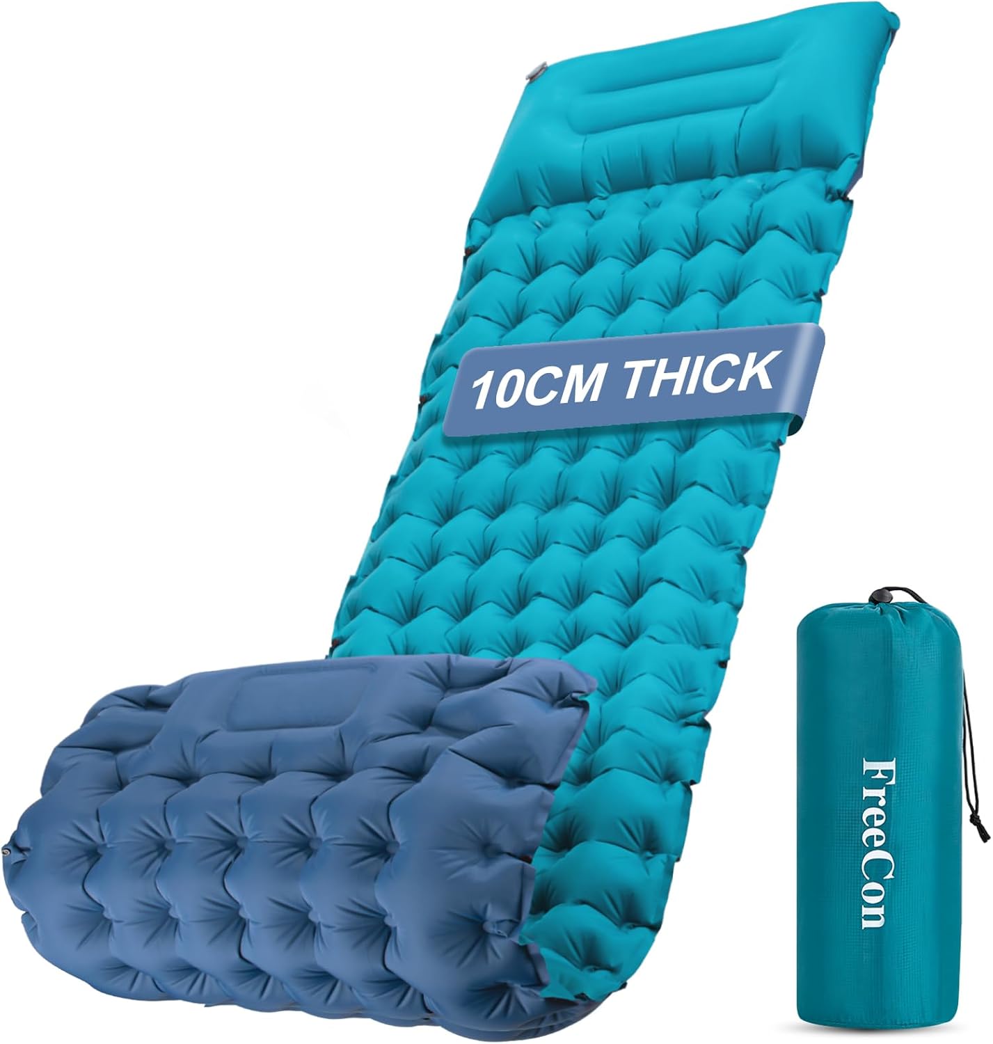 Colchoneta inflable para camping, colchón de aire individual, ligera, cama de aire con almohada para adultos, para mochileros, senderismo, suelo, playa (azul+verde, 10 cm)
