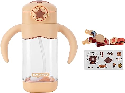 Vaso para sorber con pajita y boquilla Vaso para botella de vidrio para niños pequeños con asas Bebidas para niños Botellas de agua Pegatina DIY 400ml(amarillo)
