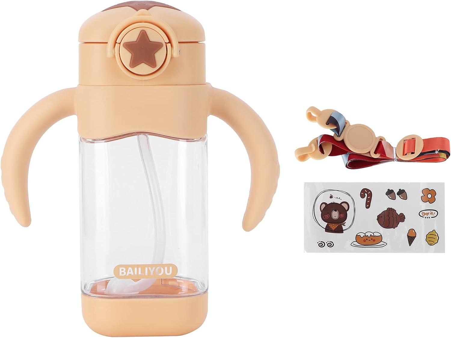 Vaso para sorber con pajita y boquilla Vaso para botella de vidrio para niños pequeños con asas Bebidas para niños Botellas de agua Pegatina DIY 400ml(amarillo)