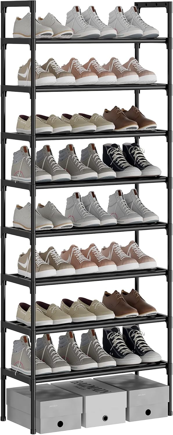 Zapatero ajustable AcornFort® S-536 de 8 niveles, color negro. Organizador alto para 24 pares de zapatos. Medidas: 56 x 30 x 140 cm. Construcción extra resistente.