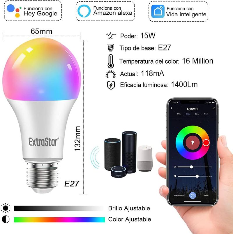 EXTRASTAR Bombilla LED Inteligente WiFi, E27, 15W, 1 Pack