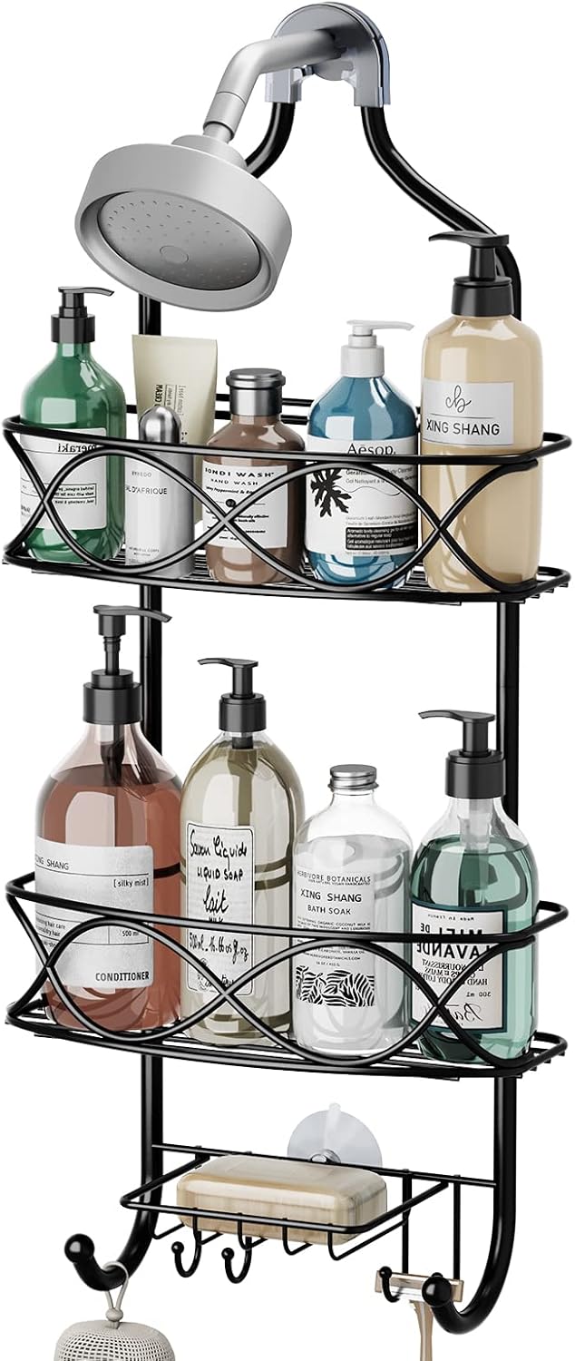 Organizador de baño grande de metal negro a prueba de óxido para champú, acondicionador, gel de baño, jabón, maquinillas de afeitar, esponja de ducha, lufas y estante de baño