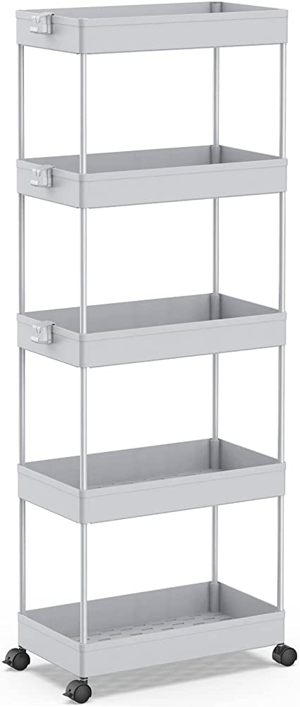 SPACEKEEPER Carro de Almacenamiento de 5 Niveles, Organizador de estanterías móviles, Carro de Utilidad rodante Deslizante, Multiusos para Cocina, baño, lavandería, Lugares Estrechos, Gris